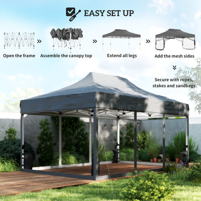 Outsunny 3 x 4.5 m Pop Up Gazebo with Mesh Nettings, UPF50+ Heavy Duty Outdoor Garden Party Tent Marquee, Dark Grey 