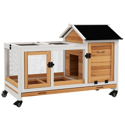 PawHut Wooden Rabbit Hutch, Guinea Pig Cage, with Removable Tray, Wheels - Yellow 
