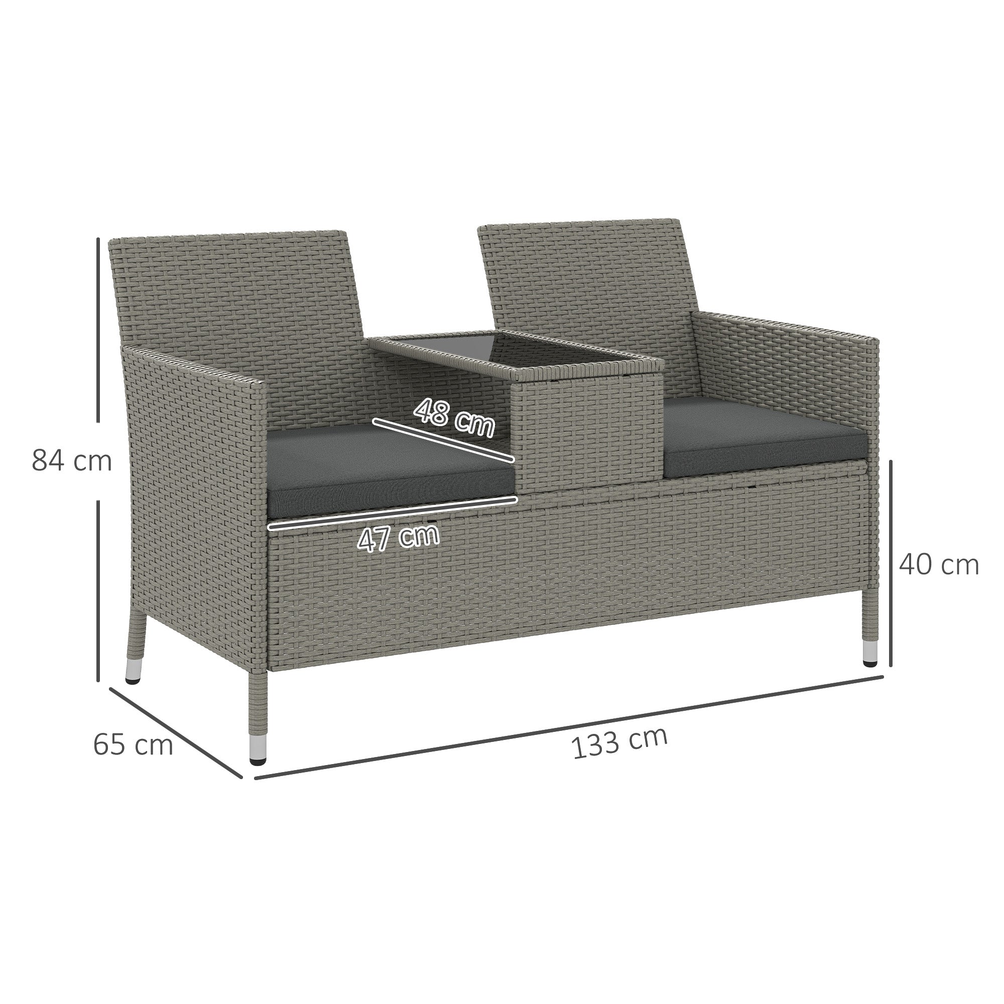 Outsunny 2-Seater PE Rattan Outdoor Garden Bench w/ Centre Table Grey 