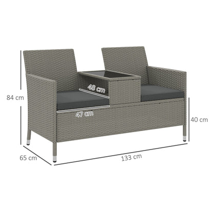 Outsunny 2-Seater PE Rattan Outdoor Garden Bench w/ Centre Table Grey 
