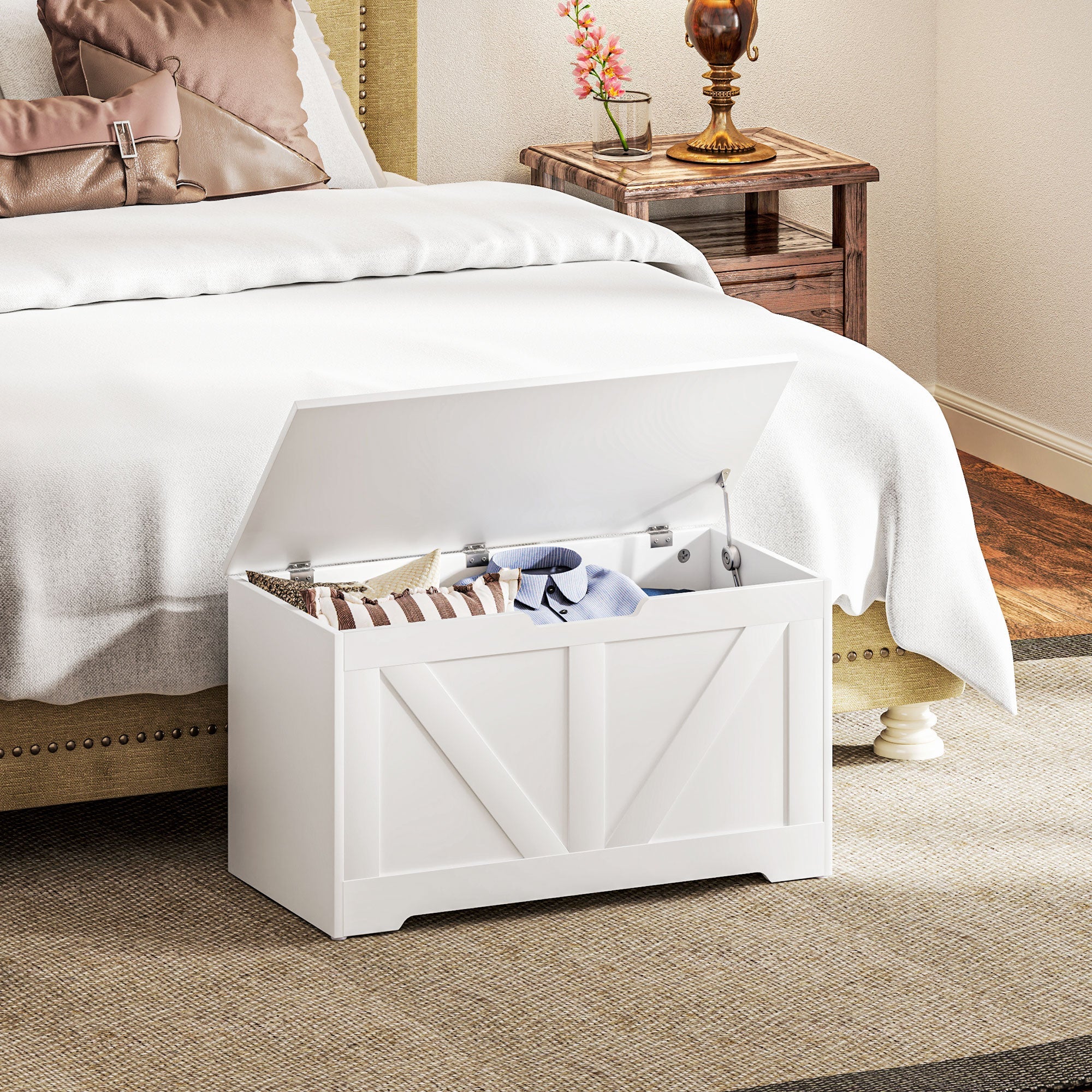 HOMCOM 100L Home Storage Box, with Safety Hinges - White Wood-Effect 