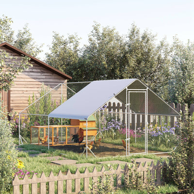 PawHut Chicken Run Galvanised Walk-in Chicken Coop Hen Poultry House Cage Rabbit Hutch Pet Playpen Garden w/ Water-Resist Cover, 3 x 4 x 2m 