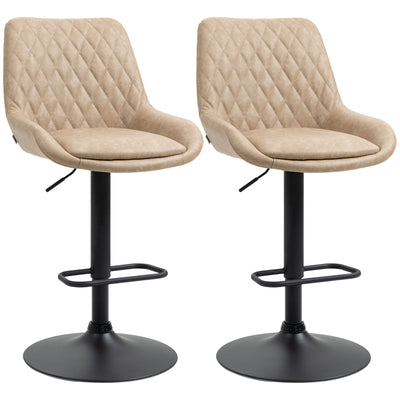 HOMCOM Retro Bar Stools Set of 2, Adjustable Kitchen Stool, Upholstered Bar Chairs with Back, Swivel Seat, Light Khaki 