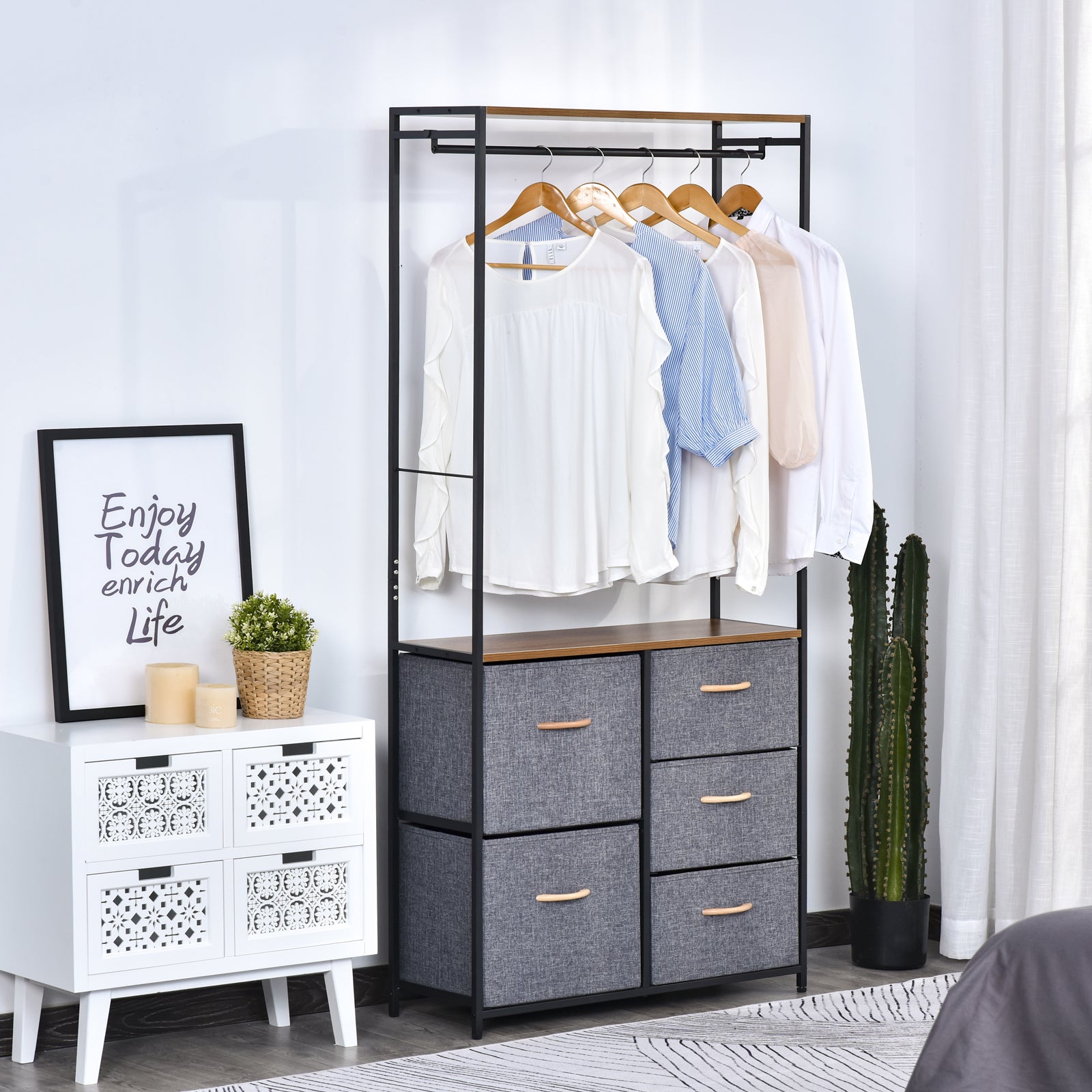 HOMCOM Chest of Drawers with Coat rack Steel Frame 5 Drawers  Bedroom Hallway Home Furniture Black Brown 