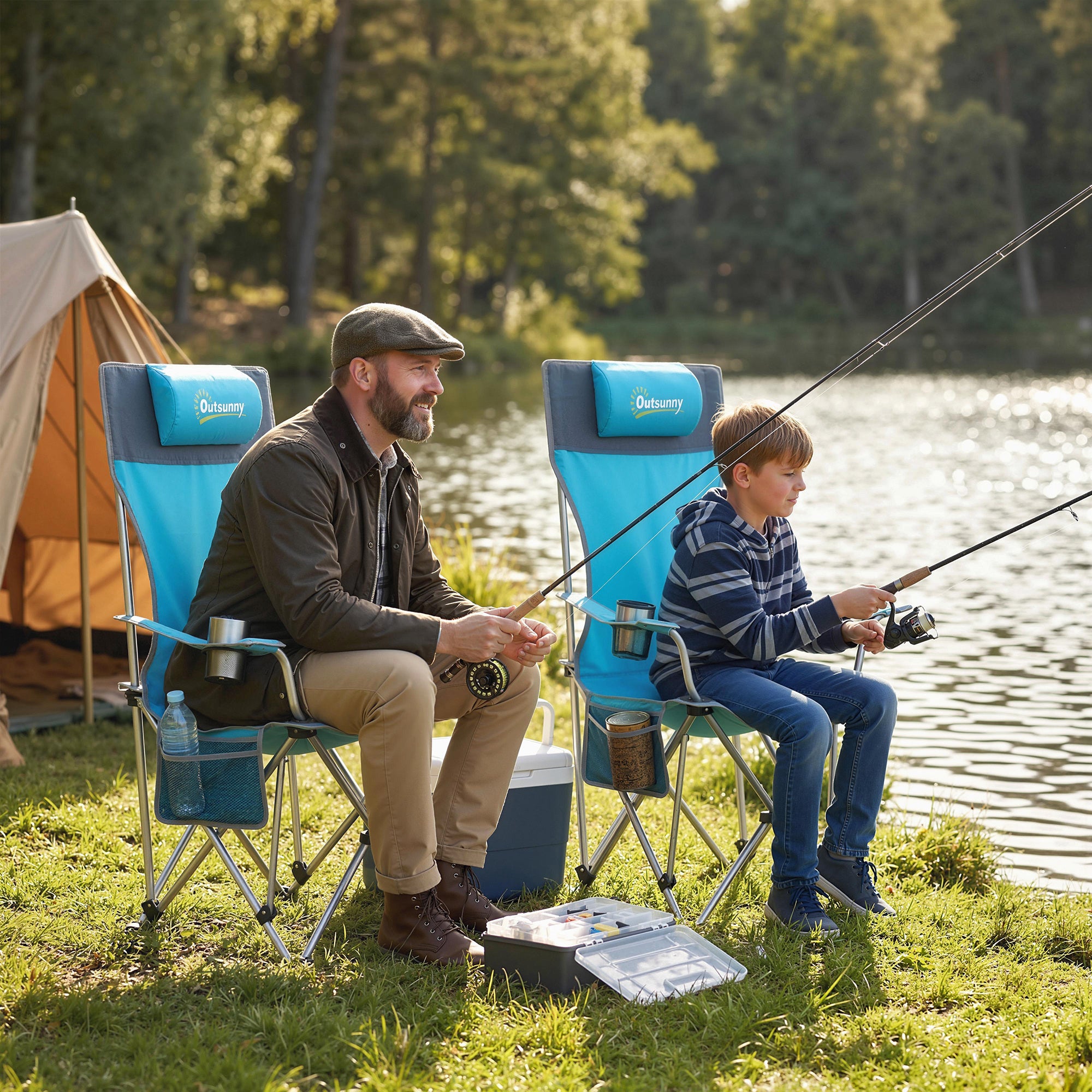 Outsunny Set of 2 Reclining Folding Camping Chair w/ Detachable Footrest, Storage Bag, Cup Holder & Headrest, Blue and Grey 