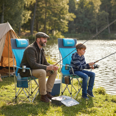 Outsunny Set of 2 Reclining Folding Camping Chair w/ Detachable Footrest, Storage Bag, Cup Holder & Headrest, Blue and Grey 