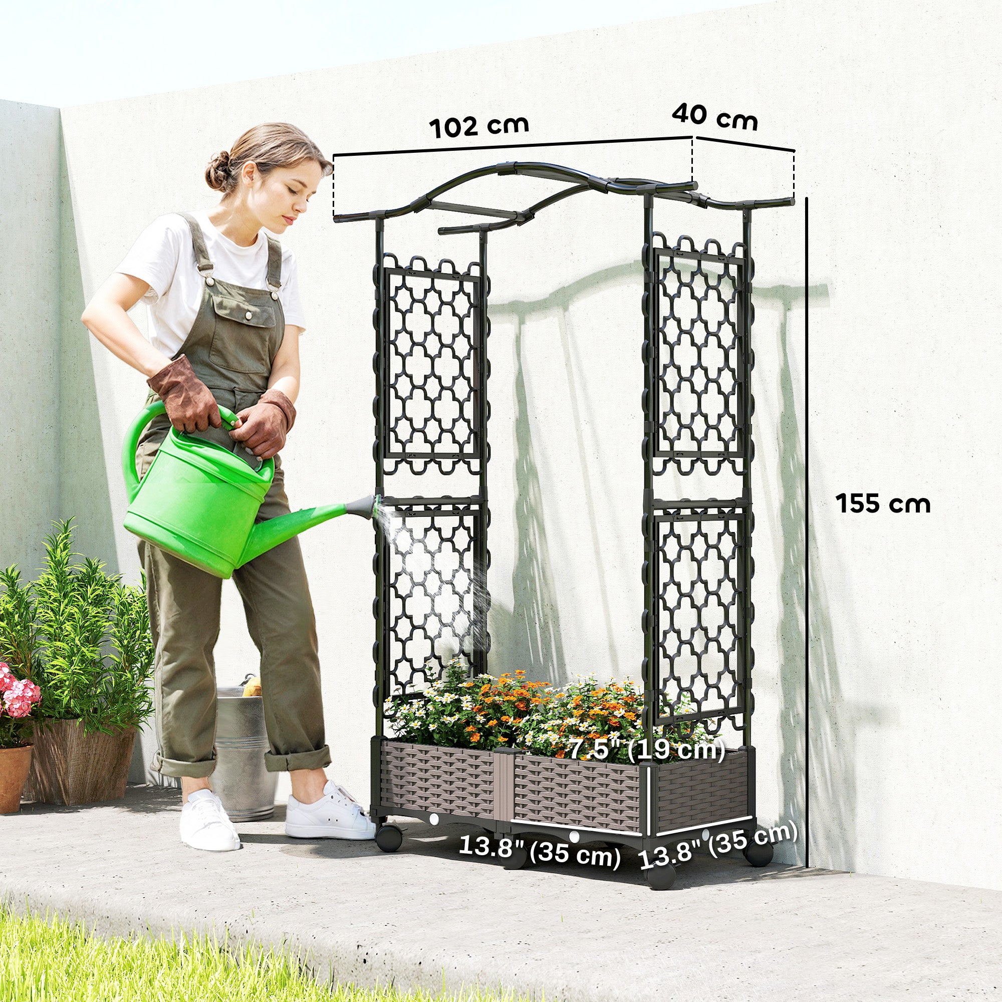 Outsunny Raised Garden Bed with Arch Trellis, Raised Bed for Garden on Wheels with Side Trellis, Self Watering Planter Box 