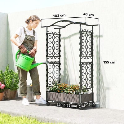 Outsunny Raised Garden Bed with Arch Trellis, Raised Bed for Garden on Wheels with Side Trellis, Self Watering Planter Box 