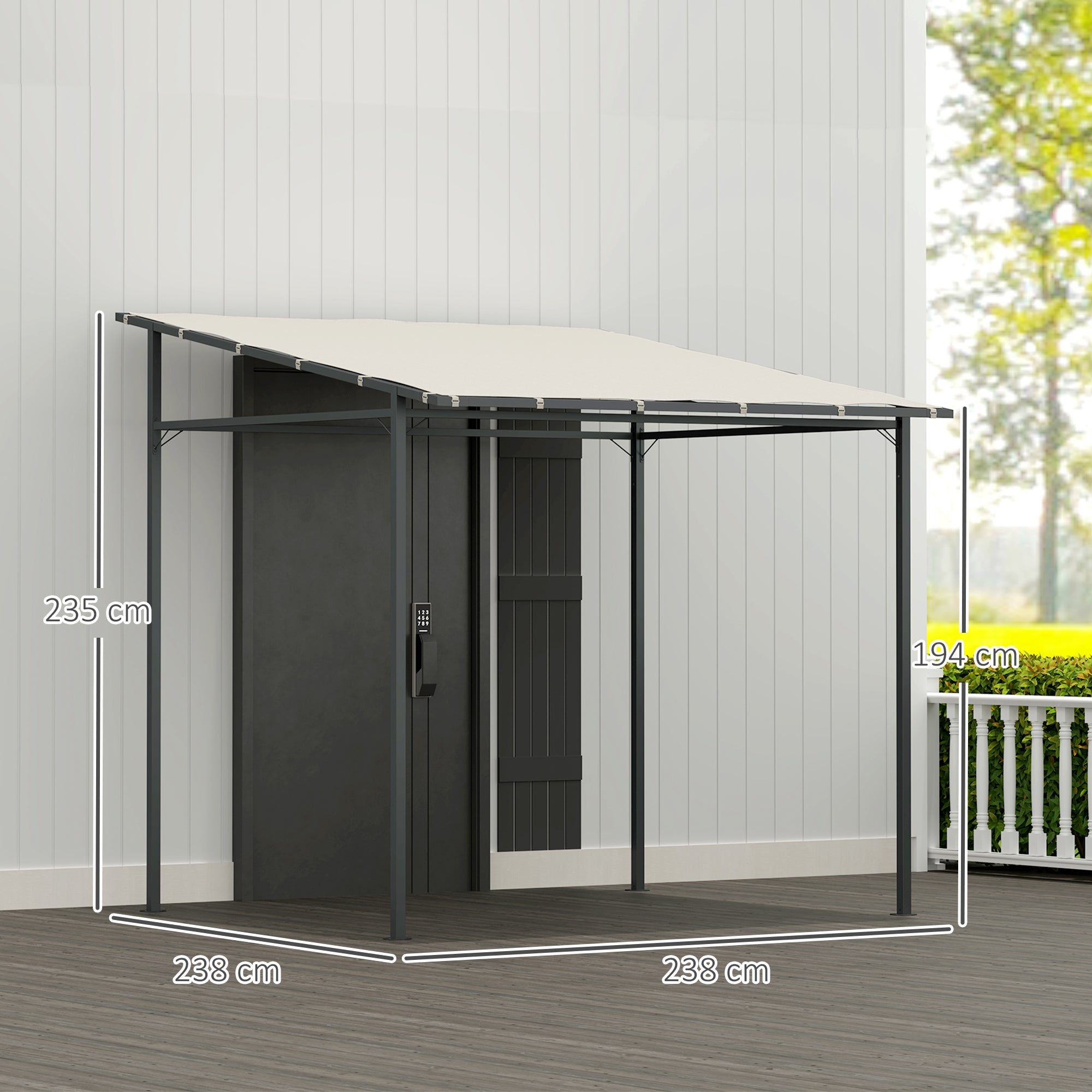 Outsunny 2.4 x 2.4 m Wall Mounted Pergola Gazebo with PA Coating Fabric and Metal Frame, UPF30+, Lean to Garden Gazebo, Wind Resistant Outdoor Sun Shade Shelter for Garden, Deck, Cream White 