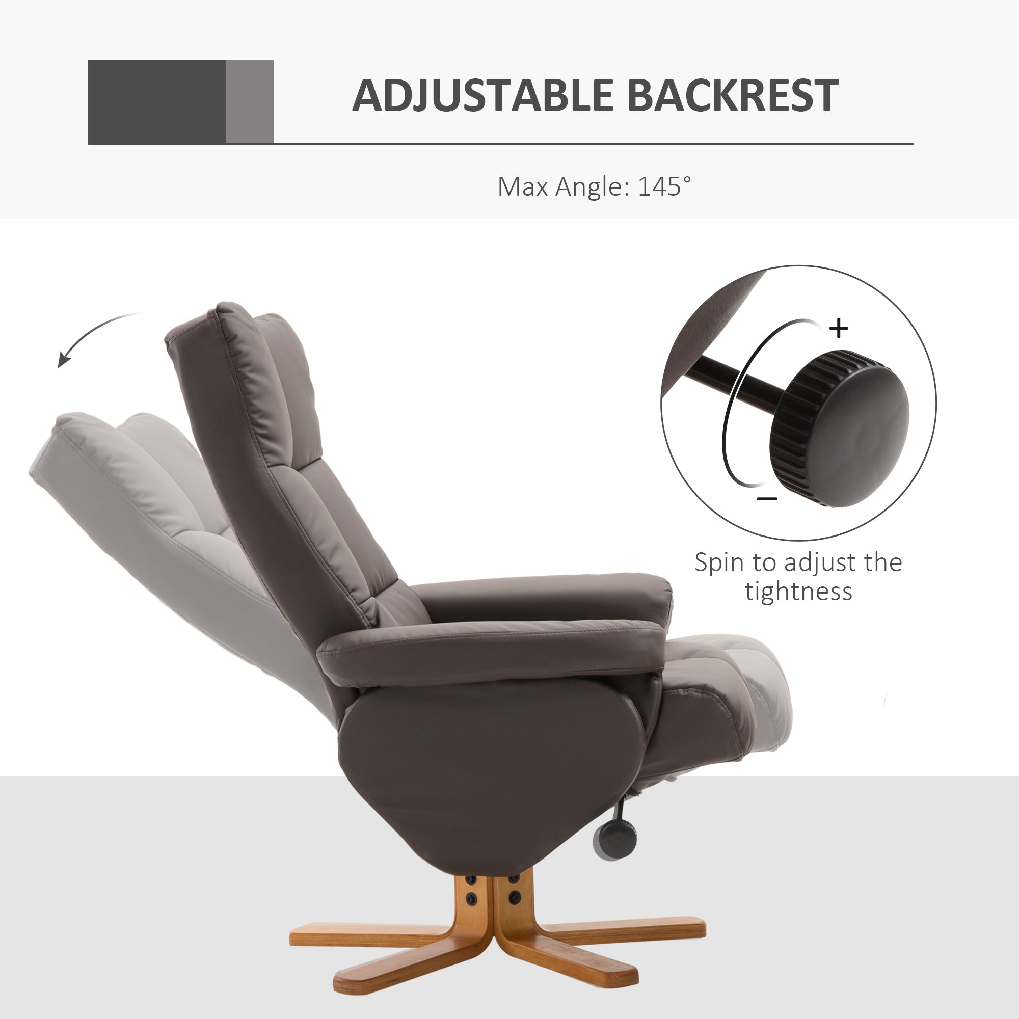 HOMCOM Recliner Armchair, Swivel Reclining Chair With Ottoman, Swivel Faux Leather Chair with Wooden Base and Storage Footstool for Living Room, Brown 