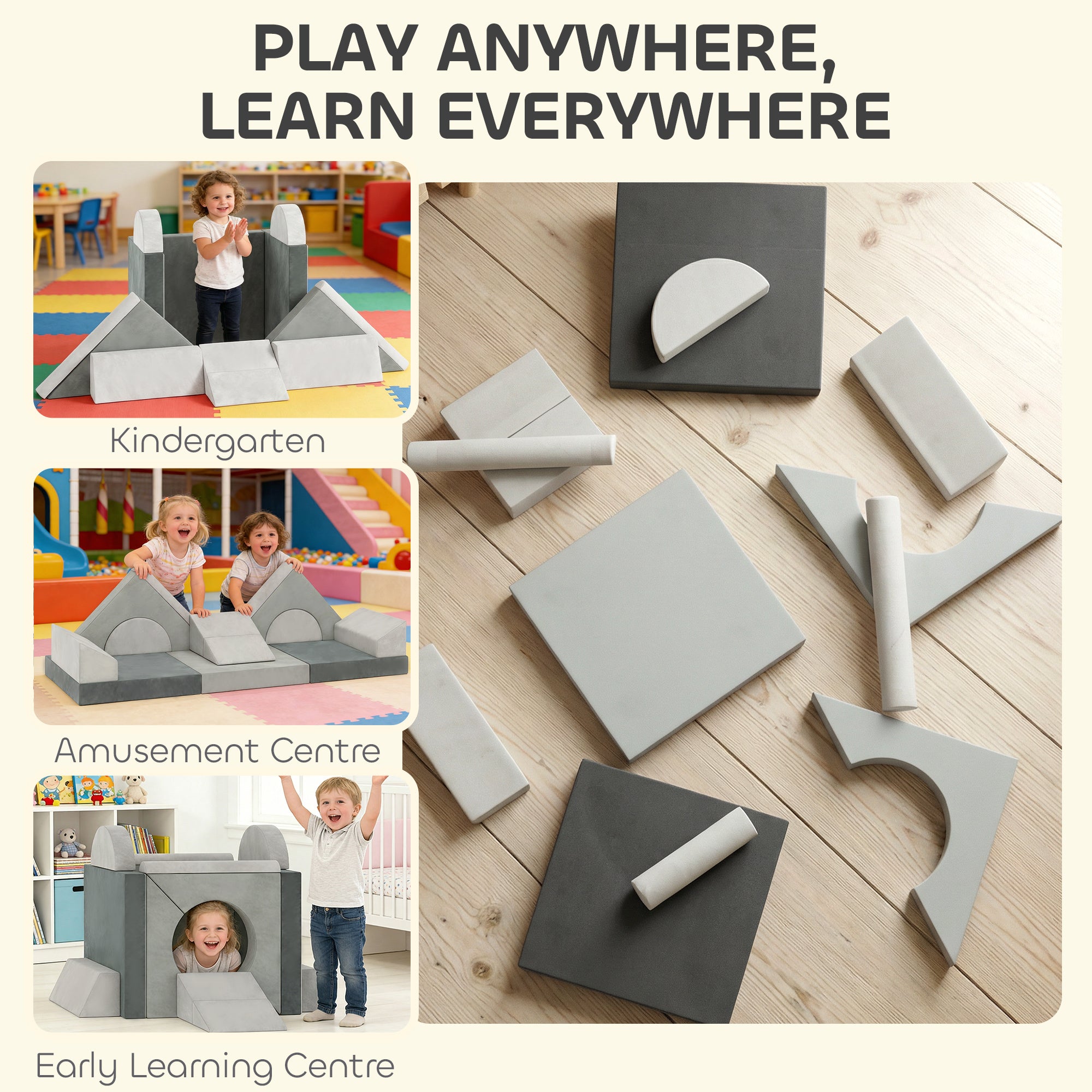 AIYAPLAY Kids Play Sofa, 12 Pieces Foam Modular Soft Play Set for Playroom, Children Convertible Sofa for Boys and Girls, Grey 