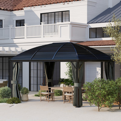 Outsunny 3 x 4m Hardtop Gazebo Canopy with Metal Roof, Aluminium Gazebo Permanent Pavilion with Netting and Curtains, Dark Grey 