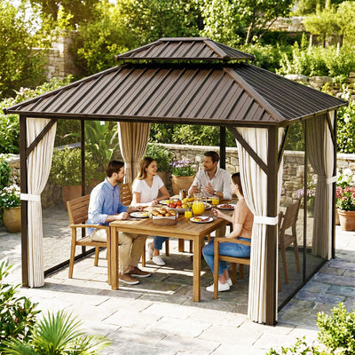 Outsunny 3x3 m Hardtop Gazebo Canopy with UPF50+ Double Galvanised Steel Roof, Aluminium Garden Gazebo Permanent Pavilion, Brown 