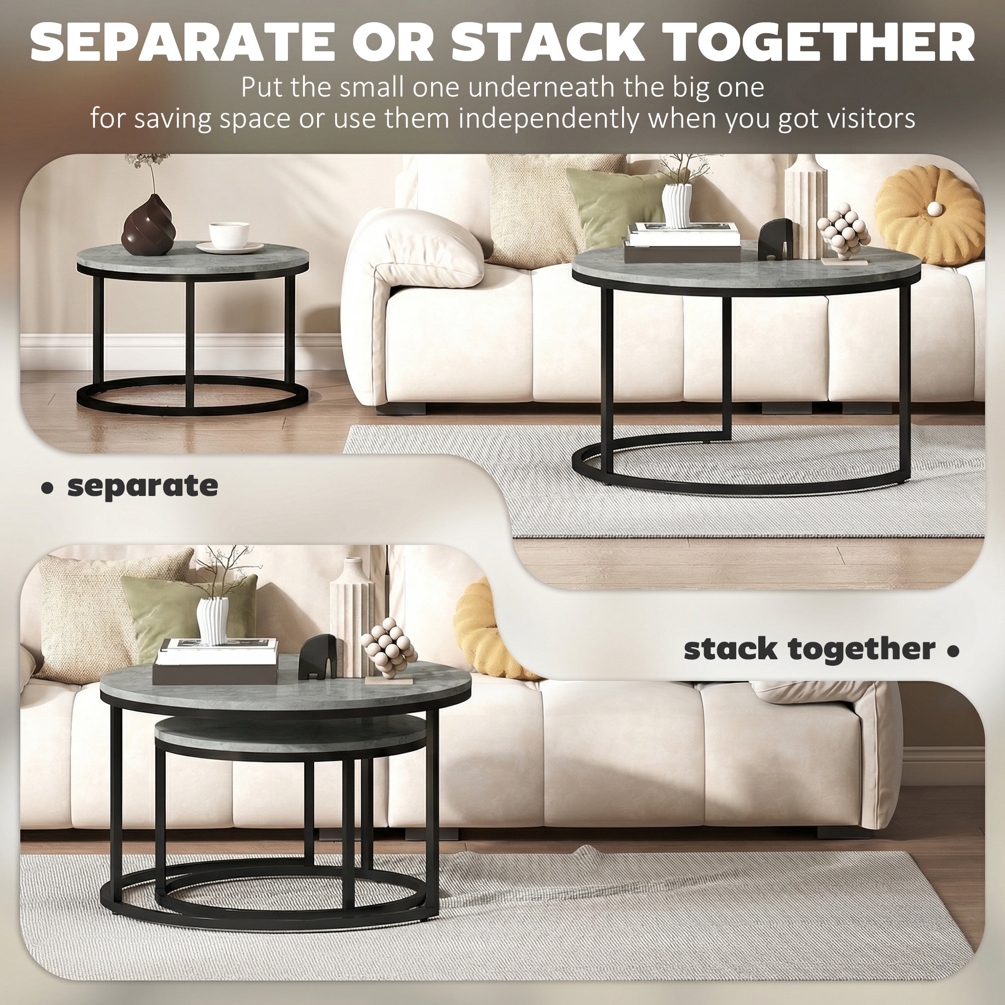 HOMCOM Set of Two Cement-Effect Stacking Tables - Grey 