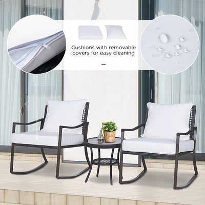 Outsunny Rattan Bistro Set, 3 Pieces Wicker Garden Furniture Set with Rocking Chairs and Round Glass Top Coffee Table, Small Balcony Furniture with Cushions for Outdoor, Porch, Brown 