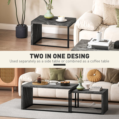 HOMCOM Coffee Tables Set of 2, Industrial Nest of Tables with Metal Frame for Living Room Bedroom, Dark Grey Marble Effect 