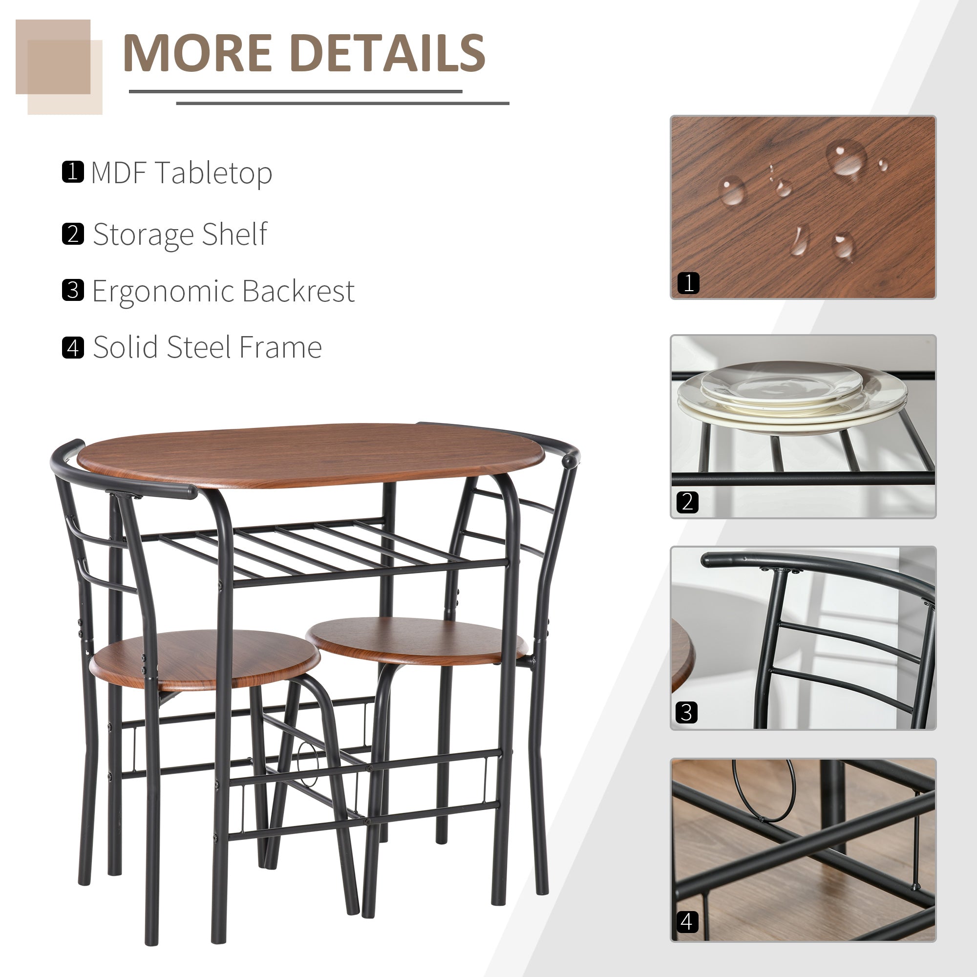 HOMCOM 3-Piece Dining Table Set , Metal Frame Wood Top Breakfast Bar Table Set for 2, Dining Table w/Storage Shelf & 2 chairs 