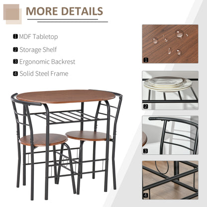 HOMCOM 3-Piece Dining Table Set , Metal Frame Wood Top Breakfast Bar Table Set for 2, Dining Table w/Storage Shelf & 2 chairs 