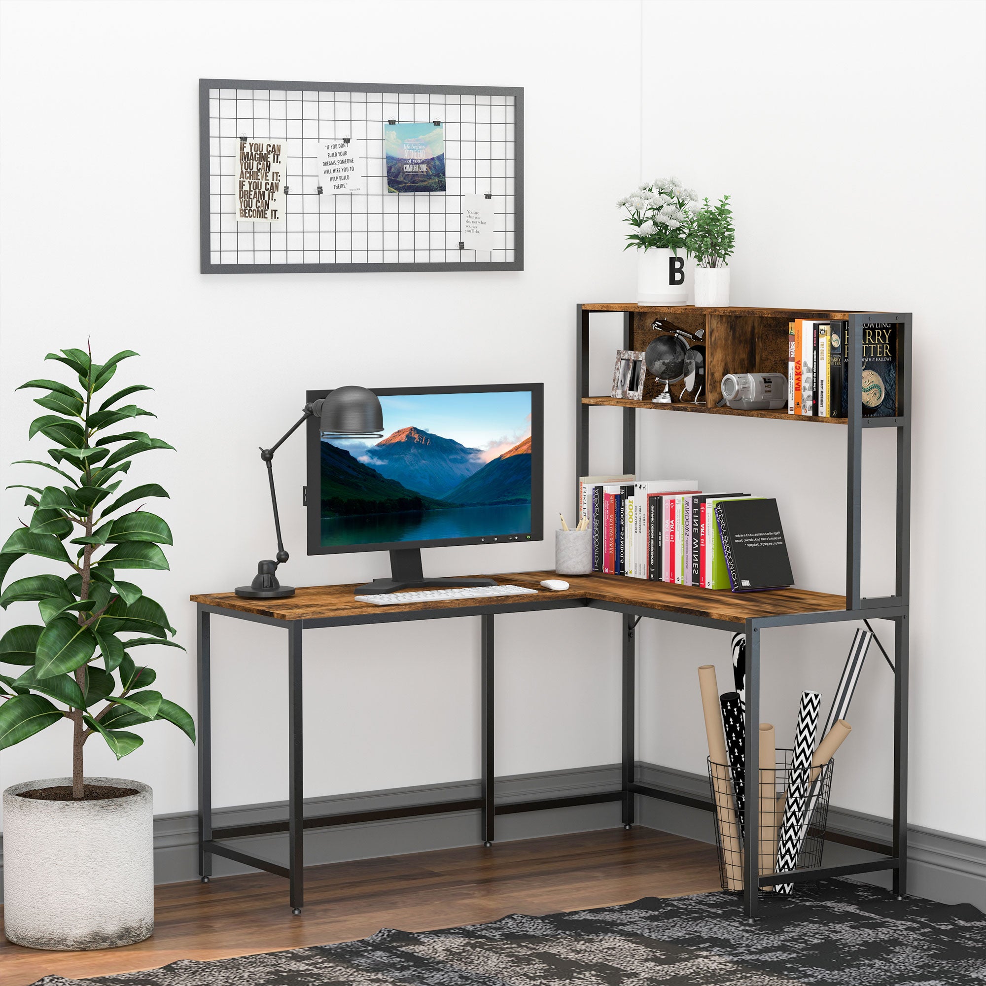 HOMCOM Reversible L Shaped Desk with Hutch, Industrial Computer Desk, Corner Desk with Storage Compartments and Steel Frame for Home Office, Study, 140 x 125cm, Brown 