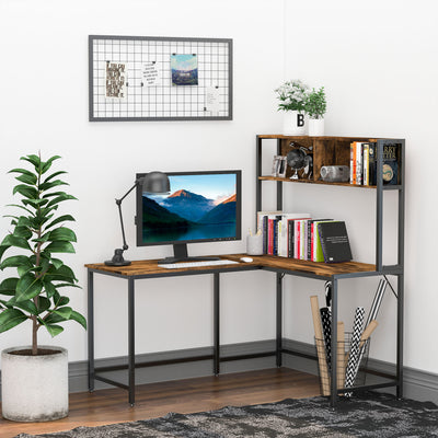 HOMCOM Reversible L Shaped Desk with Hutch, Industrial Computer Desk, Corner Desk with Storage Compartments and Steel Frame for Home Office, Study, 140 x 125cm, Brown 
