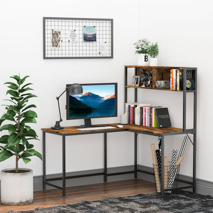 HOMCOM Reversible L Shaped Desk with Hutch, Industrial Computer Desk, Corner Desk with Storage Compartments and Steel Frame for Home Office, Study, 140 x 125cm, Brown 