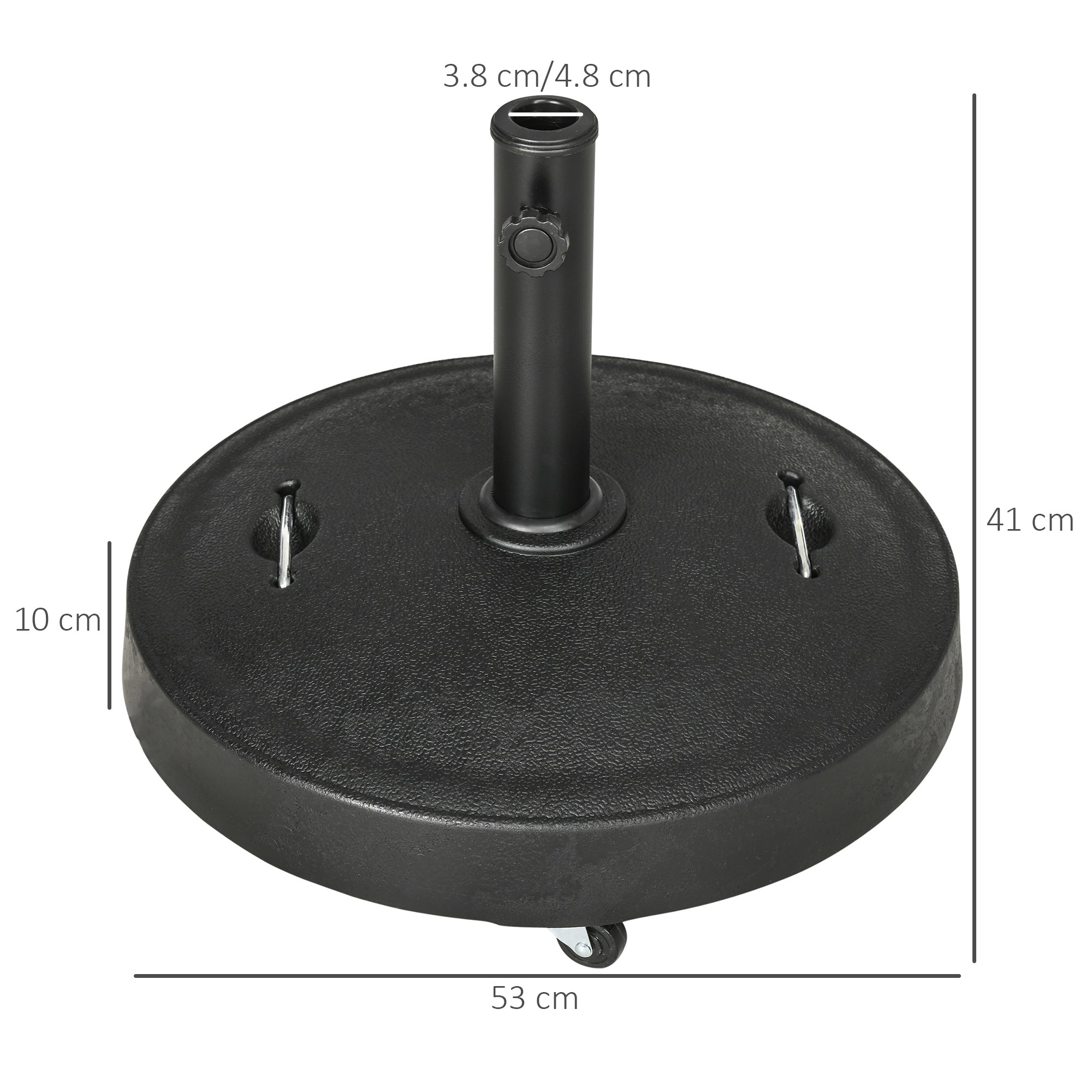 Outsunny 23.5kg Resin Garden Parasol Base with Wheels and Retractable Handles, Round Outdoor Market Umbrella Stand Weight for Poles of \'ce\'a638mm to \'ce\'a648mm, Black