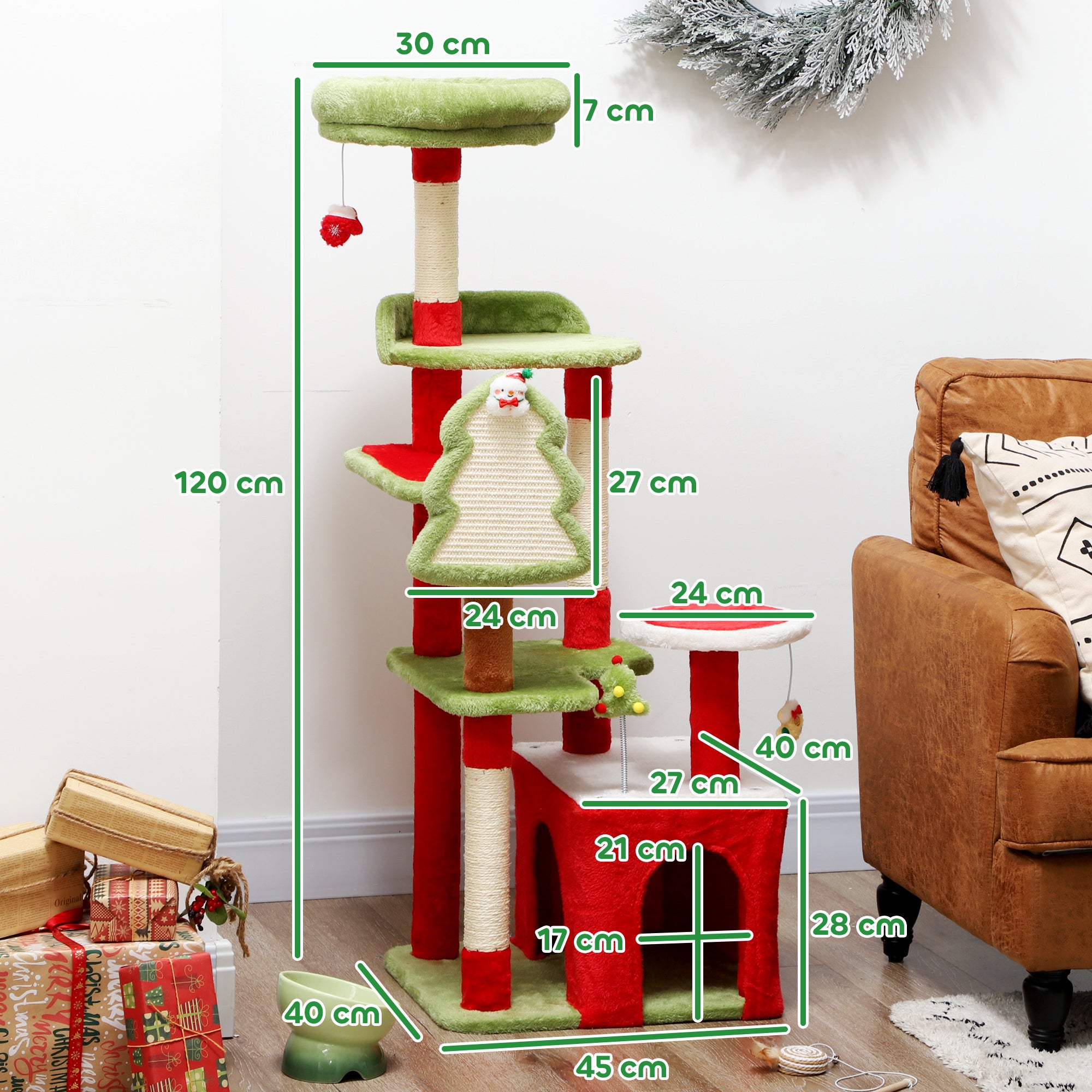 PawHut Cat Tree, 120cm Christmas Cat Tower with 3 Scratching Posts, Scratching Board, 2 Perches, Platforms, Toys, Green 