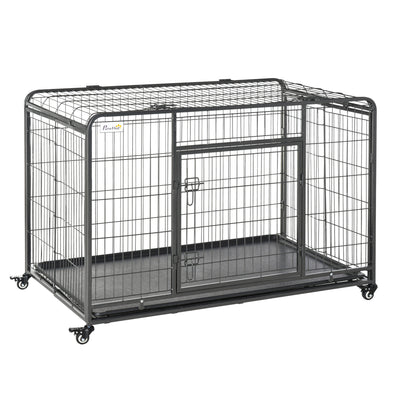 PawHut Metal Dog Cage Kennel Locking Door & Wheels Removable Tray Openable Top For Extra Large Pets 125 x 76 x 81 cm 