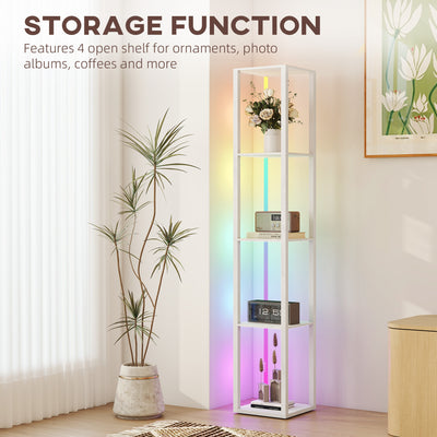 HOMCOM RGB LED Floor Lamp with Shelves, Modern Dimmable Standing Lamp with Remote Control, Adjustable Brightness & Speed for Living Room, Bedroom, Office, White 