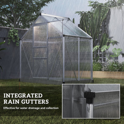 Outsunny Polycarbonate Greenhouse, Large Walk-In Green House with Slide Door and Window, Aluminium Frame, 6x4ft, Silver Tone 