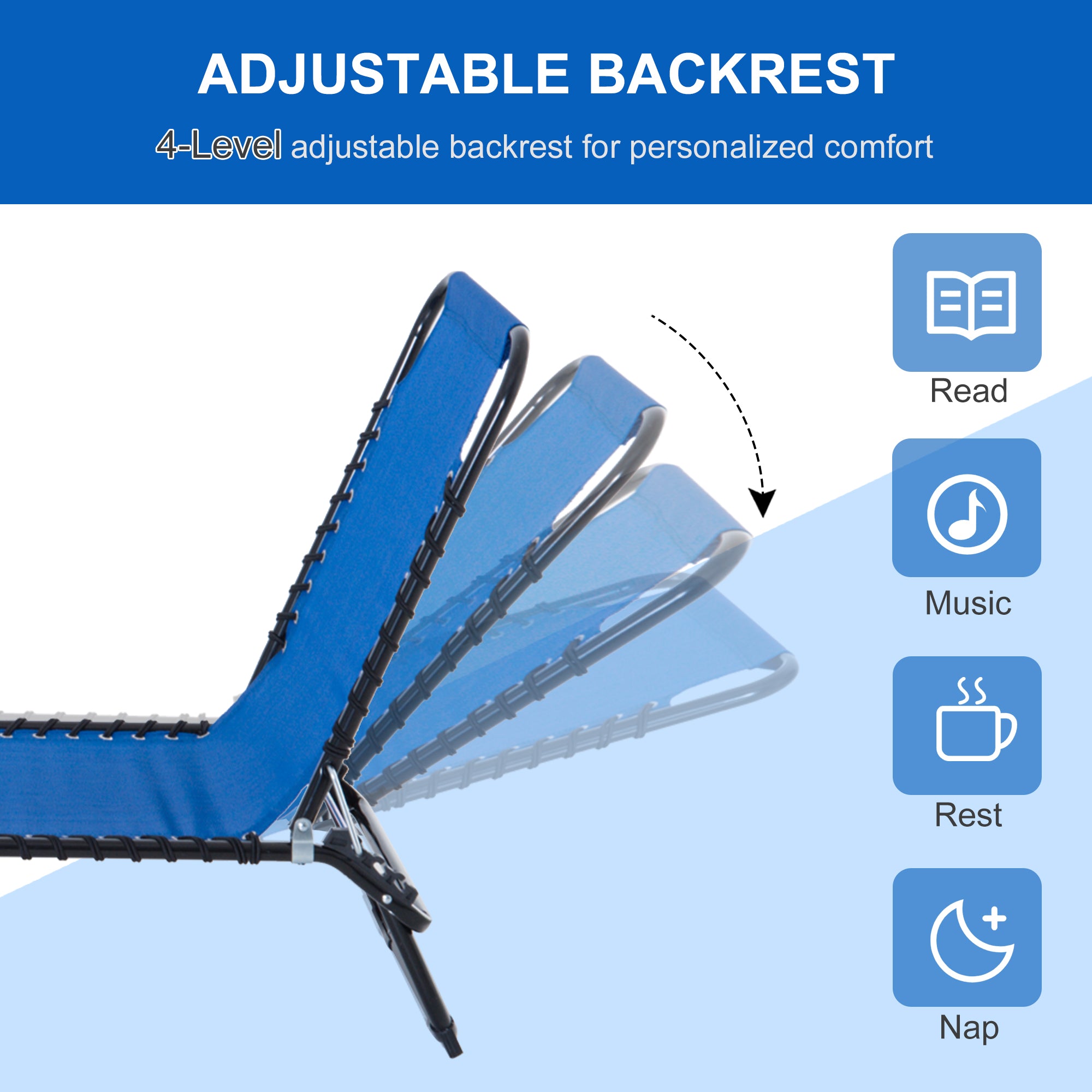 Outsunny Foldable Sun Lounger, Outdoor 4 Level Adjustable Backrest Reclining Chaise Chair, Steel Frame Recliner Chair for Camping, Hiking, Navy Blue 