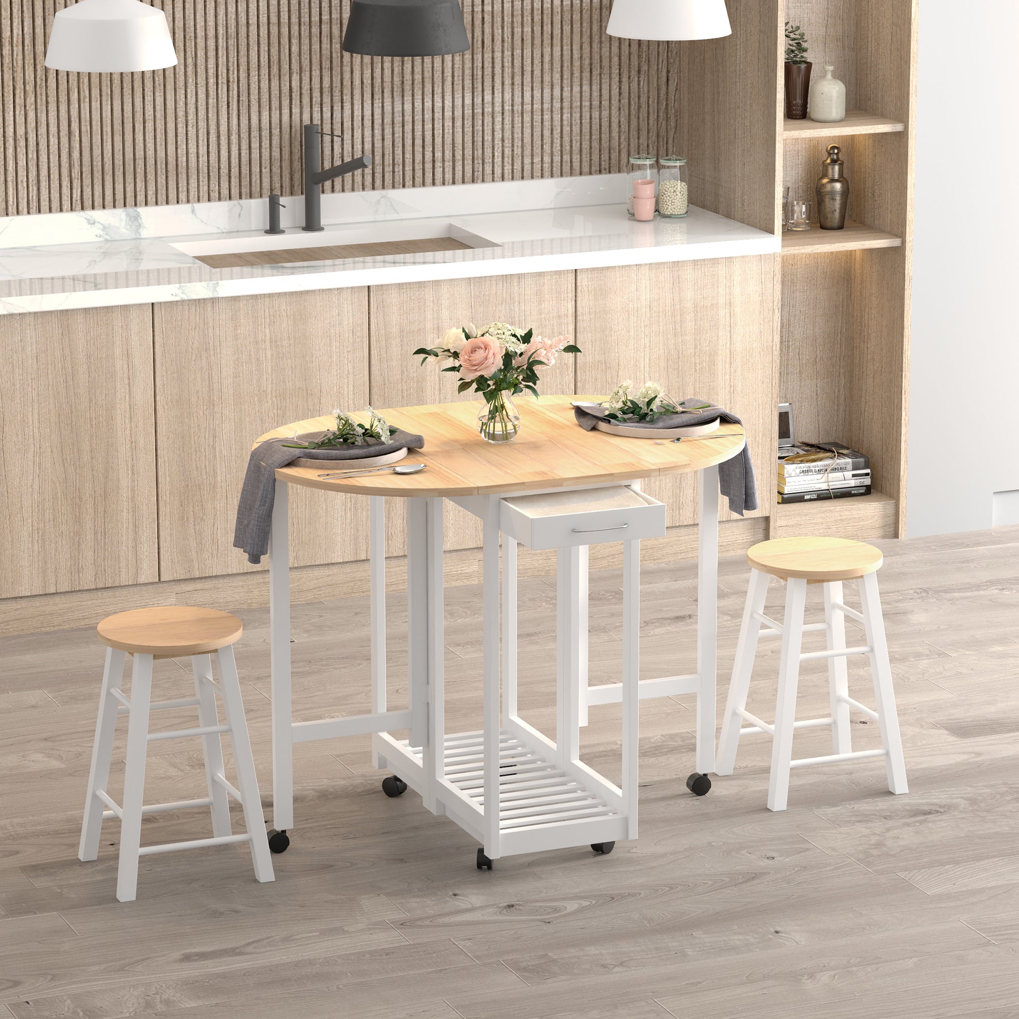HOMCOM 3PC Wooden Kitchen Cart Mobile Rolling Trolley Folding Bar Table Two Stools Dining Chair Storage Shelf w/2 Drawers & 6 Wheels 