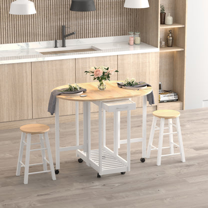 HOMCOM 3PC Wooden Kitchen Cart Mobile Rolling Trolley Folding Bar Table Two Stools Dining Chair Storage Shelf w/2 Drawers & 6 Wheels 