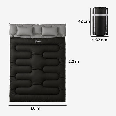 Outsunny Double Sleeping Bag with 2 Pillows, 220 x 160 cm Extra-Large Sleeping Bag for Adults, Black 