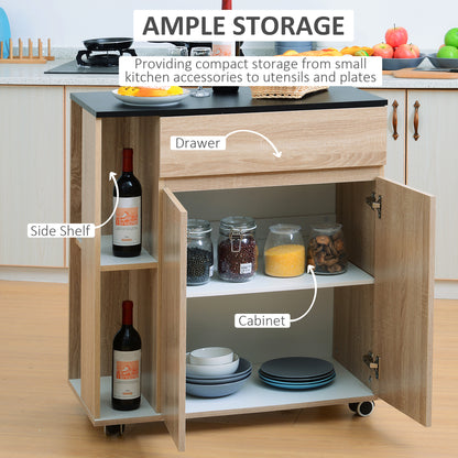HOMCOM Kitchen Storage Trolley Cart Cupboard Rolling Island Shelves Cabinet With Door and Drawer Locking Wheels 