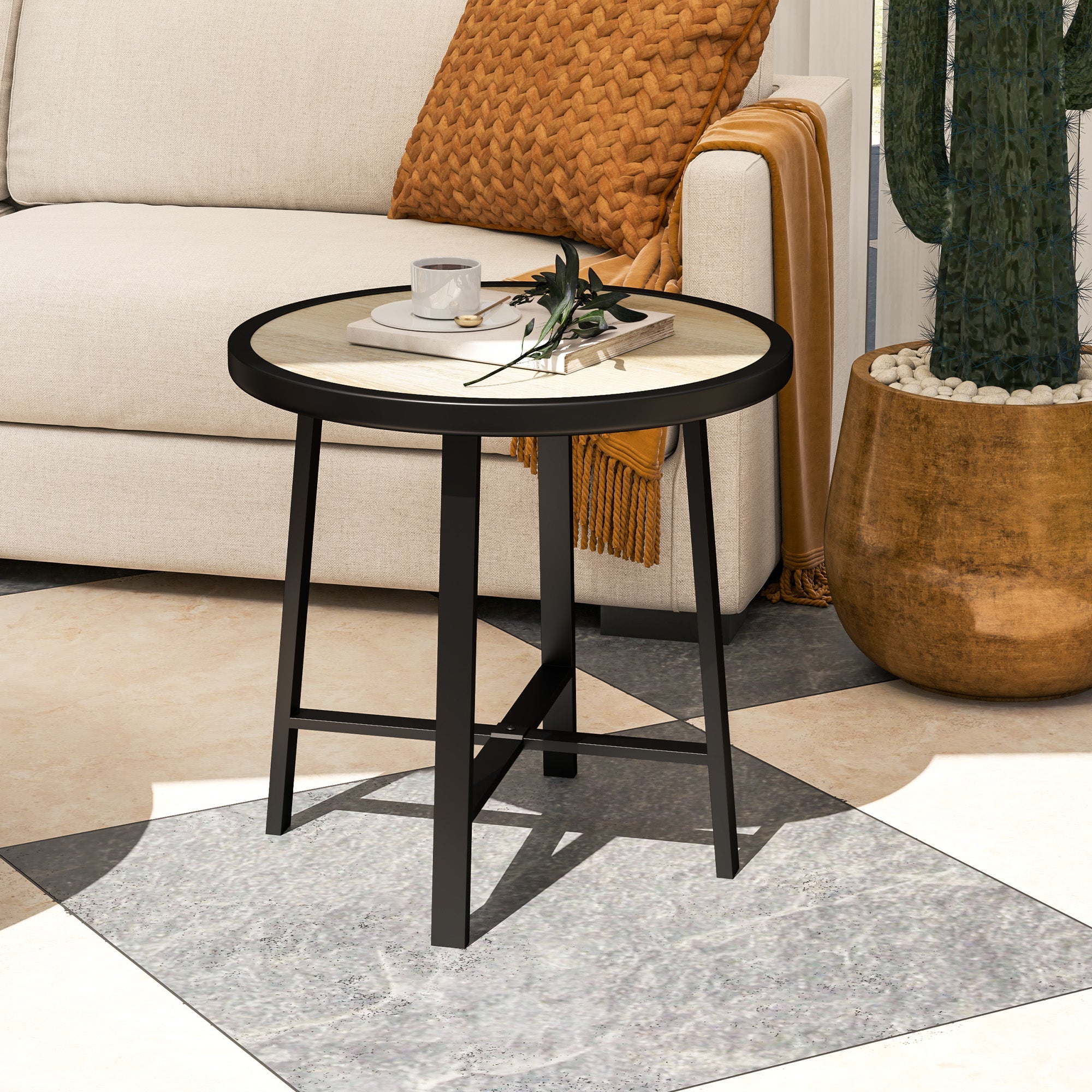 Outsunny Round Small Garden Table, 50.5cm Outdoor Side Table with SPC Tabletop, Metal Frame and Anti-slip Foot Pads for Garden, Balcony, Nature Wood Finish 