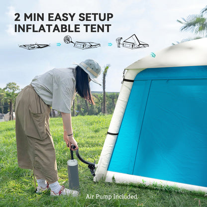 Outsunny Inflatable Camping Tent w/ Hand Pump, Easy Setup 1/2 Person Blow Up Tent Waterproof 190T Taffeta w/ Mesh Windows, Doors and Carry Bag, Light Blue 