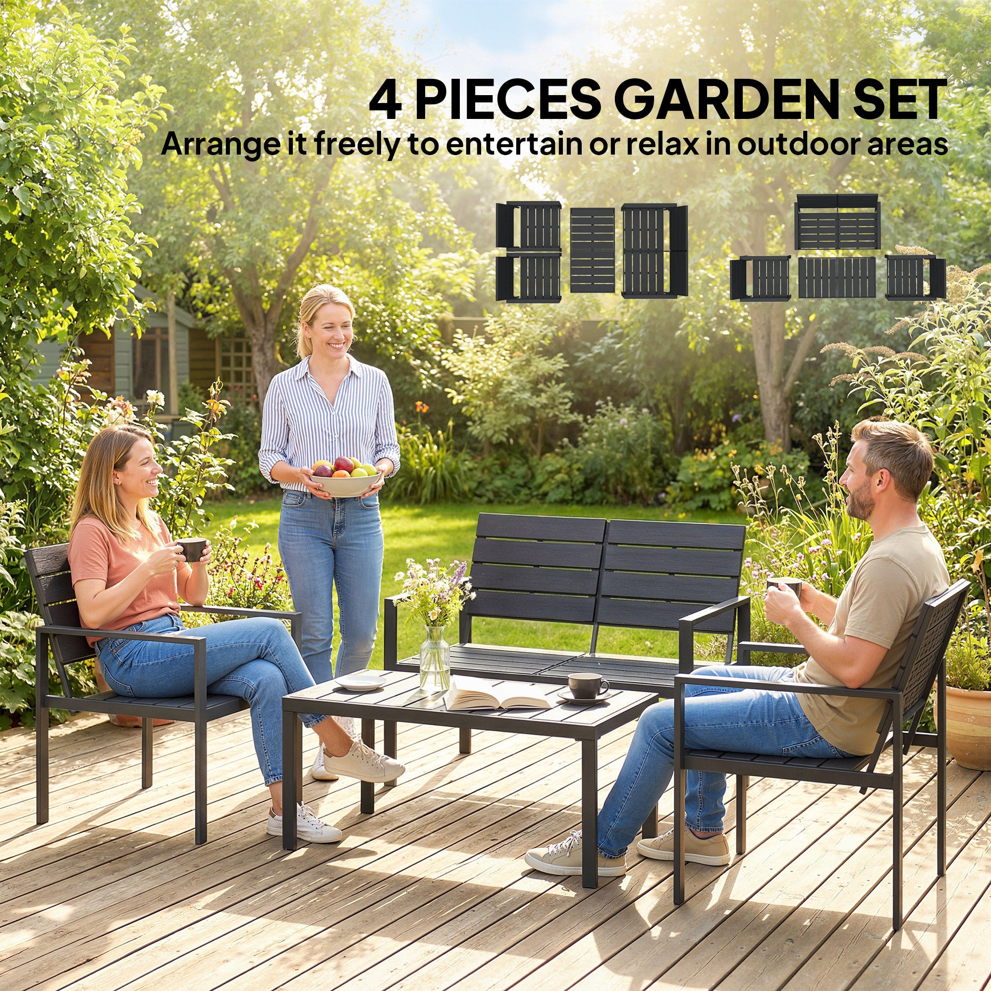 Outsunny 4 Piece Garden Furniture Set, Outdoor Sofa Set with HDPE Slatted Loveseat Armchairs Coffee Table Metal Frame, Black 