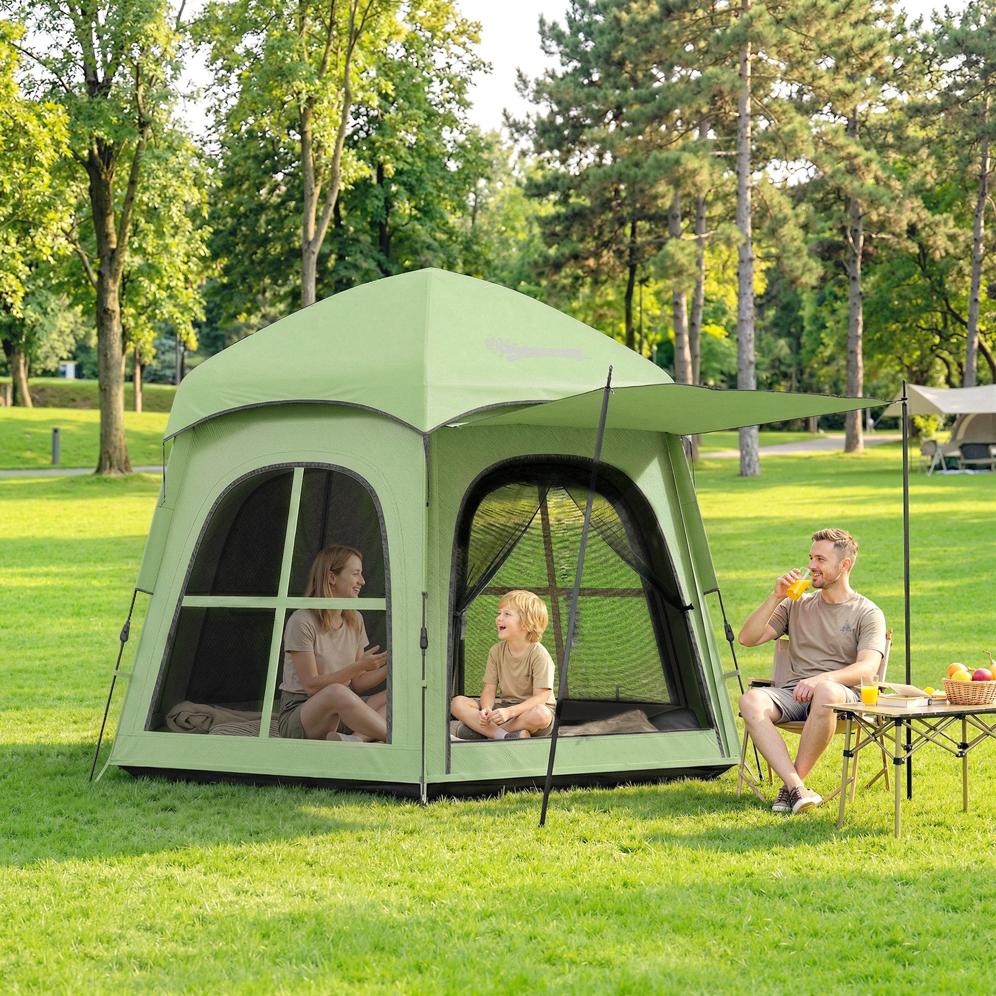 Outsunny Pop Up Tent 3000mm Waterproof Instant Camping Tent 3-4 Person with 2 Doors 4 Windows Green 