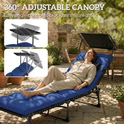 Outsunny Folding Sun Lounger with Canopy, Reclining Sunbed with Cushion, Side Pocket, Carrying Handle, Dark Blue 