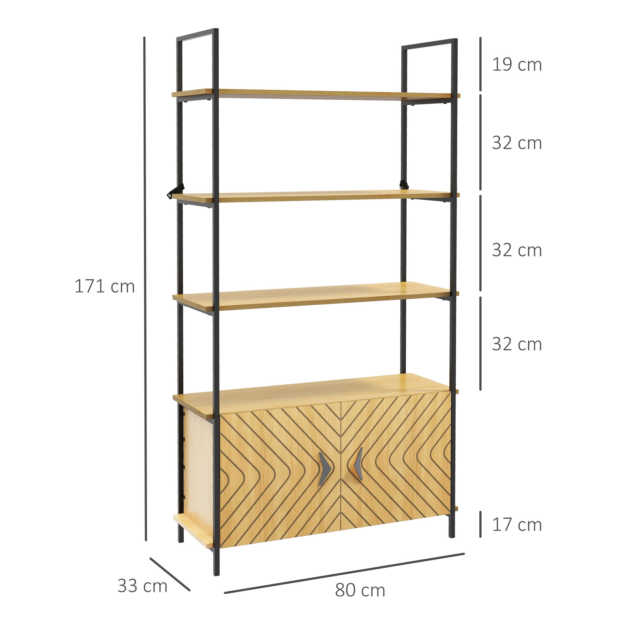 HOMCOM Bookcase 4-Tier Storage Shelf with Double Door Cabinet and Metal Frame for Living Room, Bedroom, Oak Tone