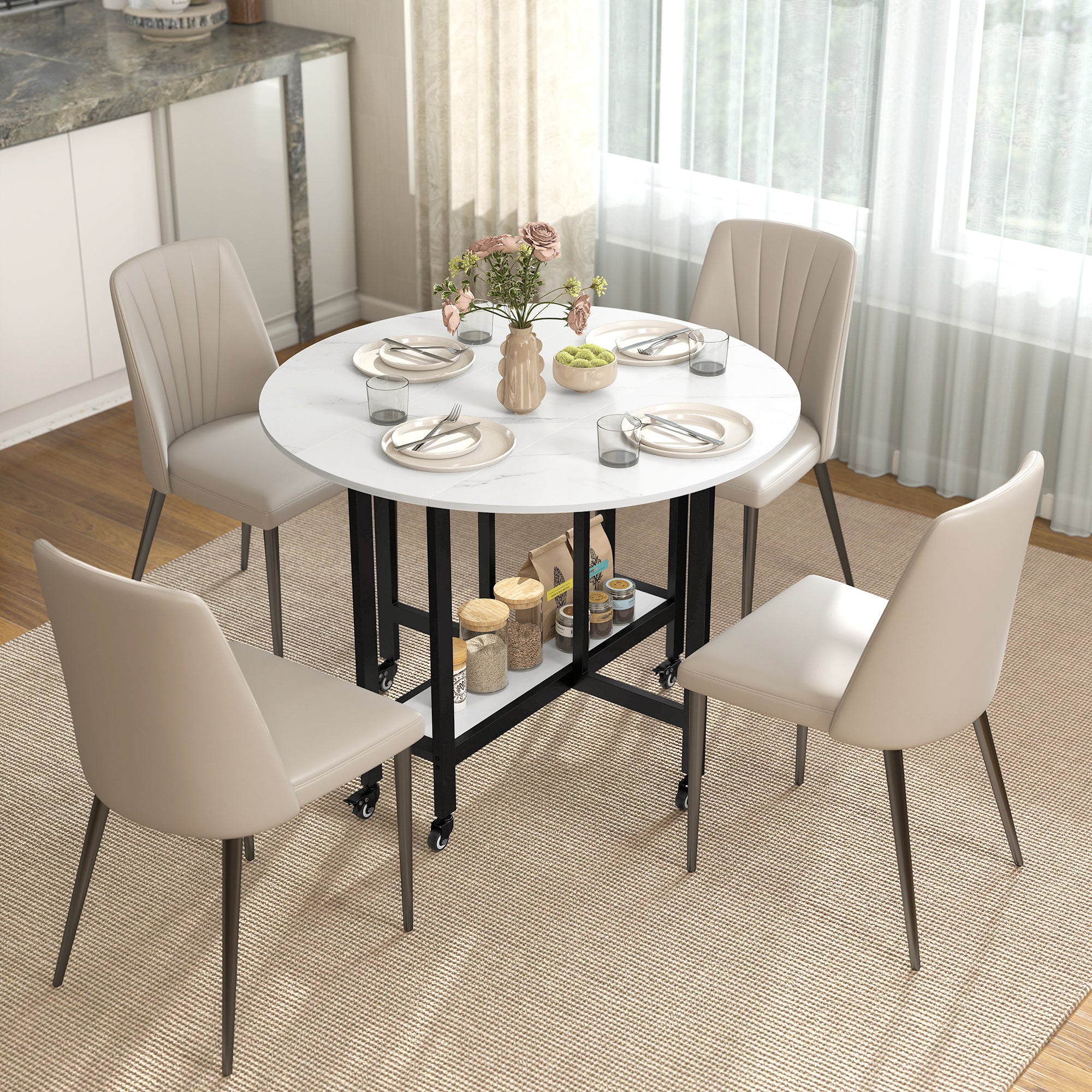 HOMCOM Folding Dining Table, Drop Leaf Table with Open Shelf, Rolling Kitchen Table for Dining Room, Small Spaces, White Marble 