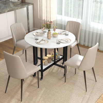HOMCOM Folding Dining Table, Drop Leaf Table with Open Shelf, Rolling Kitchen Table for Dining Room, Small Spaces, White Marble 