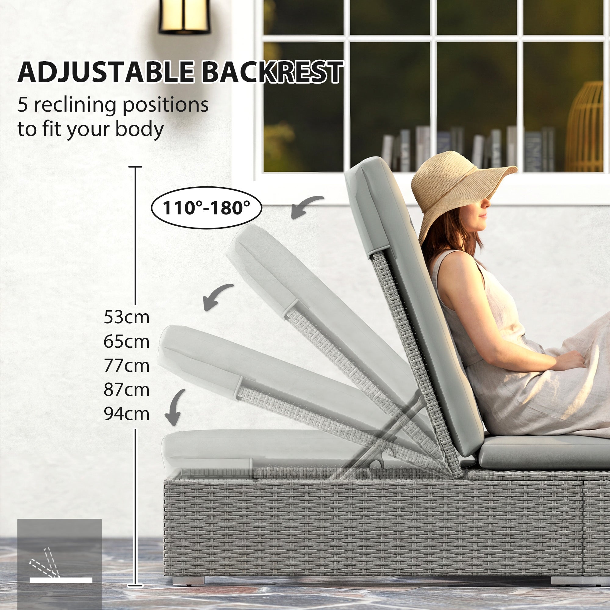 Outsunny Rattan Sun Lounger, Five-Position Reclining Garden Lounger Bed with Cushion, Light Grey 