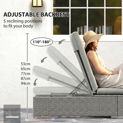Outsunny Rattan Sun Lounger, Five-Position Reclining Garden Lounger Bed with Cushion, Light Grey 