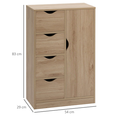 HOMCOM Bathroom Cabinet, Freestanding Storage Cabinet with 4 Drawers, Door Cupboard for Living Room, Kitchen, Bedroom, Natural 