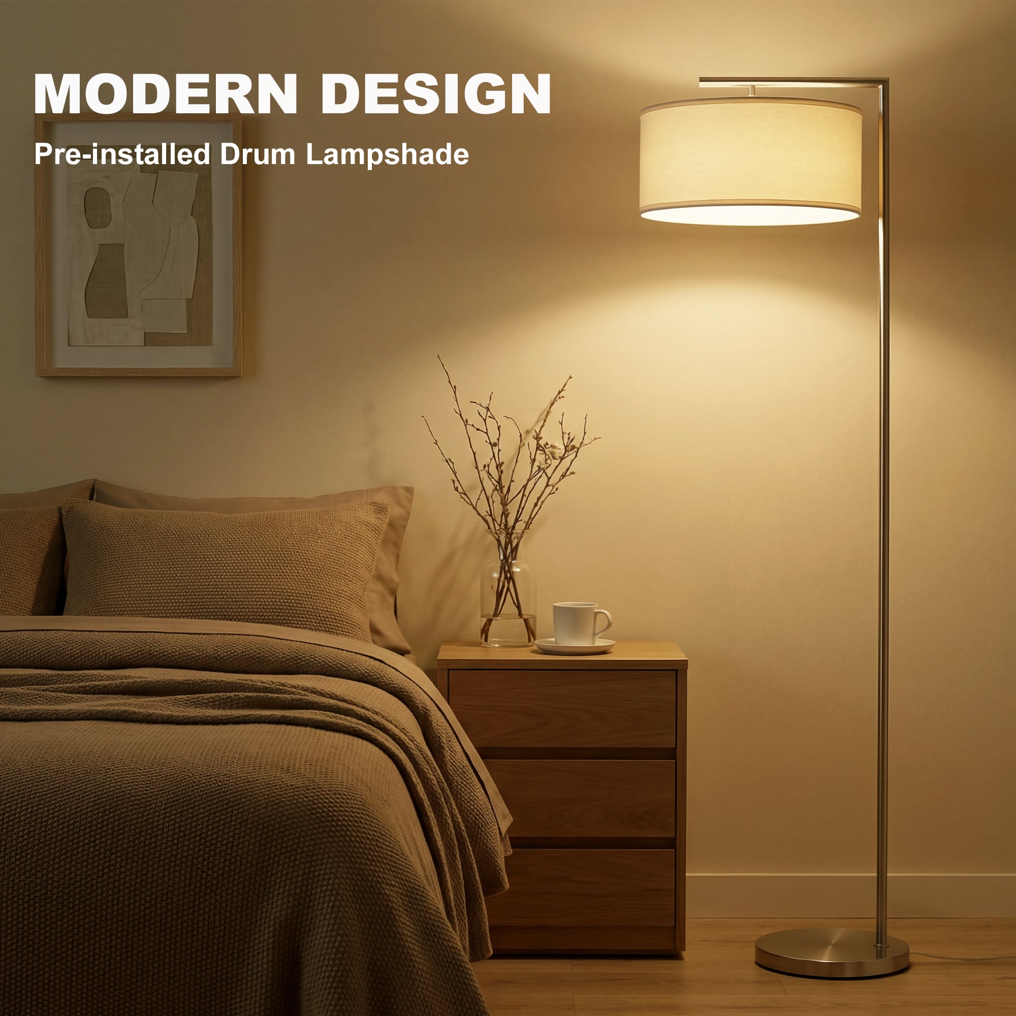 HOMCOM Floor Lamp, Modern Standing Lamp with Linen Lampshade, Round Base for Living Room, Bedroom, Dining Room, 153cm, Silver Tone 