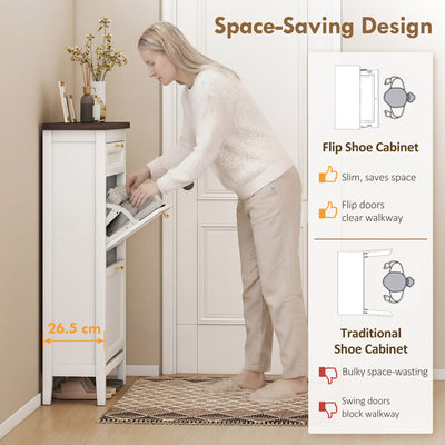 HOMCOM Shoe Cabinet with 2 Flip Drawers, Farmhouse Narrow Shoe Storage Cabinet with Adjustable Shelves, White 