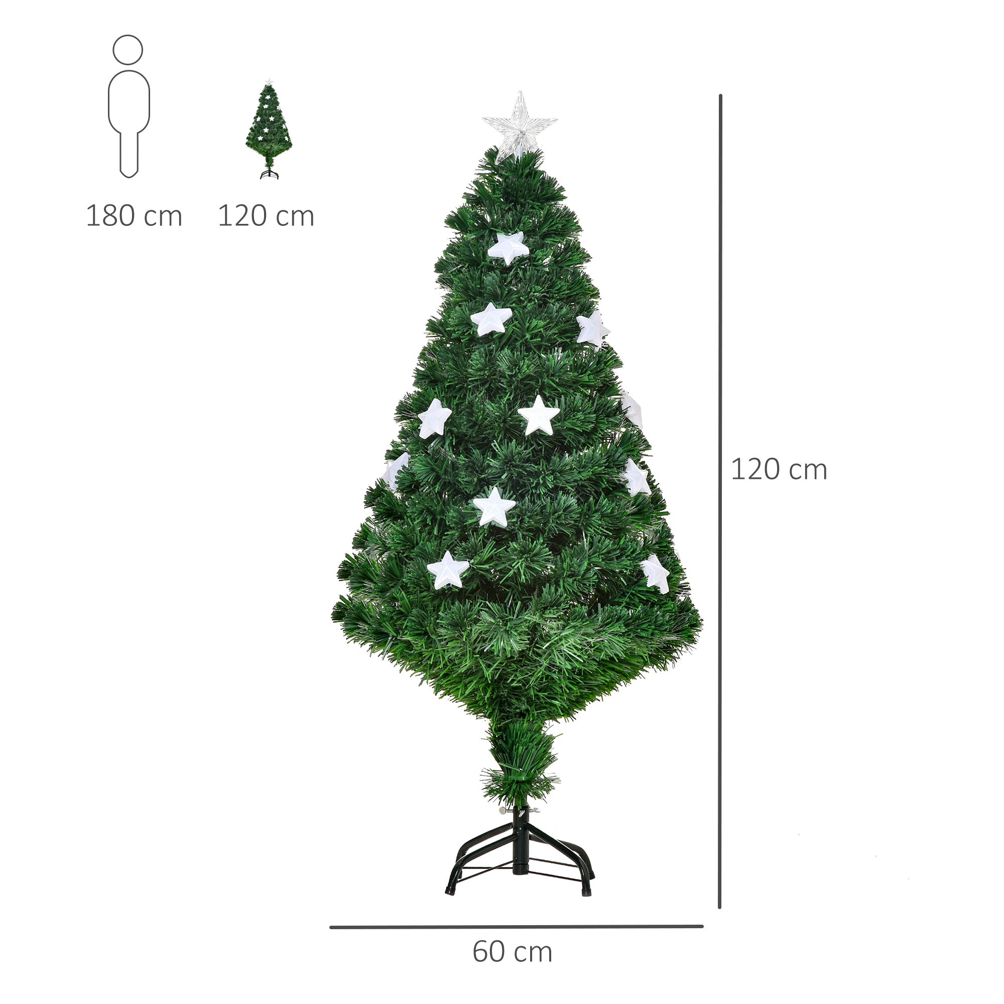 HOMCOM 4FT Prelit Artificial Christmas Tree Fibre Optic Star LED Light Holiday Home Xmas Decoration with LED Light for Indoor Party, Green 