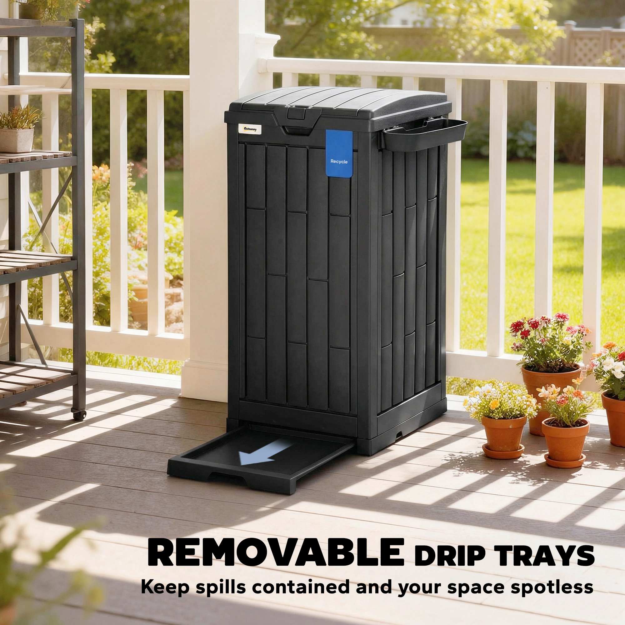 Outsunny 110 L Outdoor Bin with Dual Lid, Waterproof Plastic Trash Bin with Ashtray and Drip Tray, Garden Waste Trash Bin, Black 